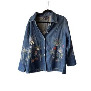 Vintage Life Style Plus Embroidered Denim Shirt Jacket 1X Palm Tree